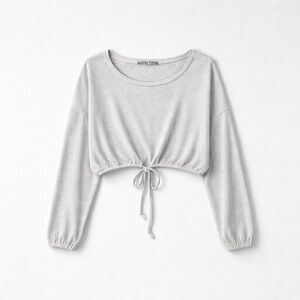 Audrey 3+1 White Ribbed Long-Sleeve Tie-Front Crop Top